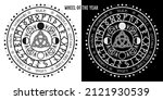 Wheel of the year vector illustration of pagan equinox holidays ostara, beltane, litha. Wiccan magical solstice calendar. Futhark runes, cycles of the moon, four elemental elements, Altar poster, wicc