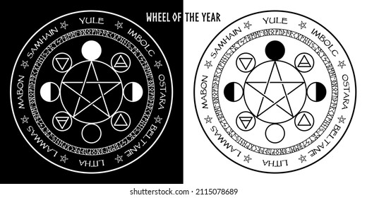 Wheel of the year vector illustration of pagan equinox holidays imbolc, ostara, beltane. Wiccan magical solstice calendar. Futhark runes, cycles of the moon, four elemental elements, Altar poster