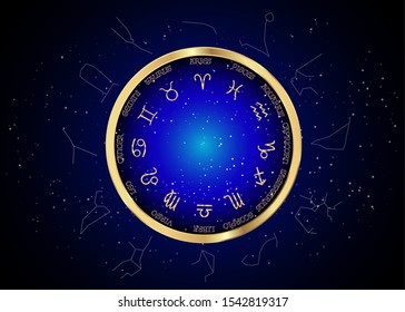 wheel of the zodiac and constellations, set collection of 12 zodiac signs, Aries, Taurus, Leo, Gemini, Virgo, Scorpio, Libra, Aquarius, Sagittarius, Pisces, Capricorn, Cancer. Vector, isolated on blue