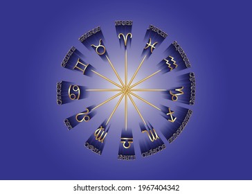 wheel of the zodiac gold 3D set collection 12 zodiac signs, golden luxury Vector isolated on blue background