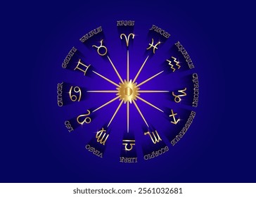 wheel of the zodiac gold 3D set collection 12 zodiac signs, Aries, Taurus, Leo, Gemini, Virgo, Scorpio, Libra, Aquarius, Sagittarius, Pisces, Capricorn, Cancer. Vector isolated on blue background