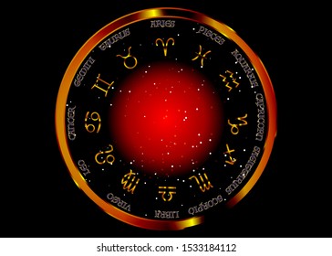 the wheel of the zodiac, golden astrological signs, gold image of horoscope. Horoscope zodiac signs. Astrology symbols set. Dark Red night sky and stars,  vector black background