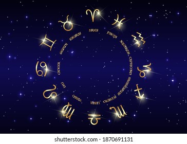 wheel of the zodiac set collection 12 zodiac signs, Aries, Taurus, Leo, Gemini, Virgo, Scorpio, Libra, Aquarius, Sagittarius, Pisces, Capricorn, Cancer. Vector isolated on blue starry sky background