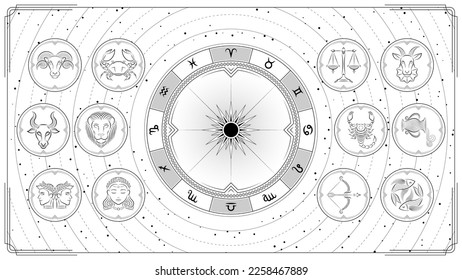 Rueda de la señal y símbolo zodiaco, silueta de arte de la línea blanca-negra, elemento de concepto de horóscopo y astrología para la ilustración de vectores de fondo estelar y de teleobservación de fortuna.