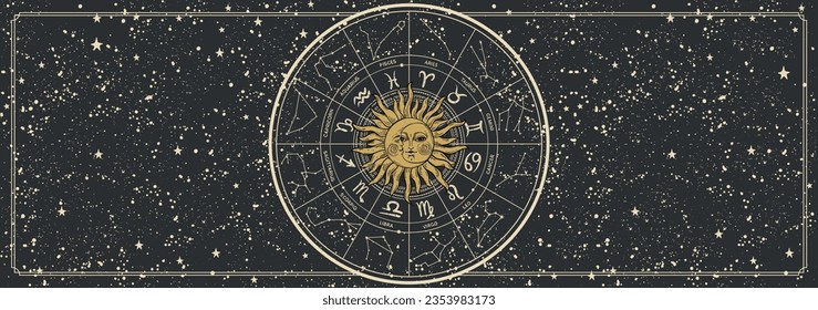 Wheel with zodiac signs, constellations and astrological symbols. Mystical vintage black banner with copy space for text, vector background of astrology, tarot, horoscope.