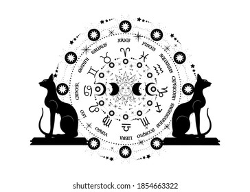 wheel of the zodiac signs Egyptian black cats and triple moon, pagan Wiccan goddess symbol, sun system, moon phases, orbits of planets, energy circle. Vector isolated on white background