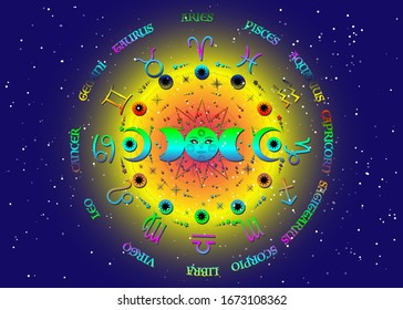 wheel of the zodiac signs and triple moon, colorful pagan Wiccan goddess symbol, sun system, moon phases, orbits of planets, energy circle. Vector isolated on blue starry universe background