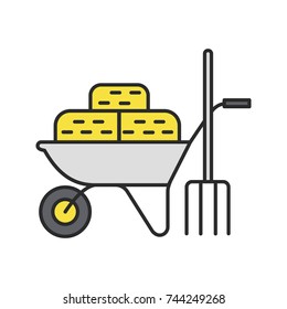 Wheelbarrow with bales of hay and pitchfork color icon. Agricultural work. Isolated vector illustration