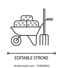Wheelbarrow with bales of hay and pitchfork linear icon. Agricultural work. Thin line illustration. Contour symbol. Vector isolated outline drawing. Editable stroke