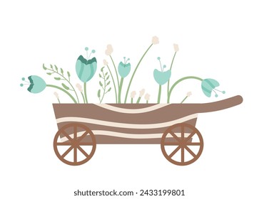 Carretilla con muestra de flores azules. Ramo de plantas para jardín. Elementos de primavera aislados sobre fondo blanco. Ilustración plana vectorial.