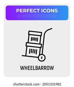 Wheelbarrow with boxes thin line icon. Delivery or moving service. Modern vector illustration.