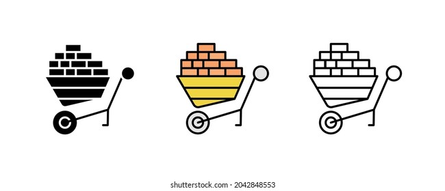 Wheelbarrow and brick construction icon set. Engineering icon. Art vector illustration set. Editable row set. Silhouette, colored and linear icon set.