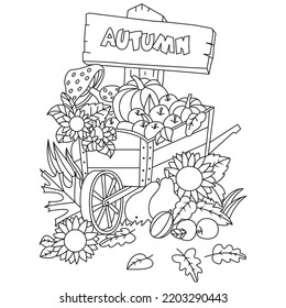 Wheelbarrow car with Autumn signboard full of pumpkin sunflower apple mushroom coloring illustration