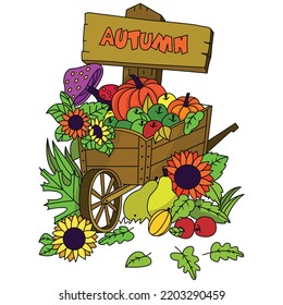 Wheelbarrow car with Autumn signboard full of pumpkin sunflower apple mushroom