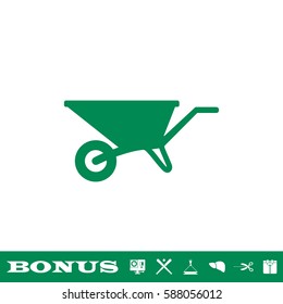 Wheelbarrow cart icon flat. Green pictogram on white background. Vector illustration symbol and bonus button