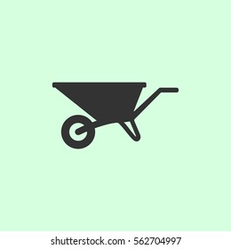 Wheelbarrow cart icon flat. Grey vector symbol on green background
