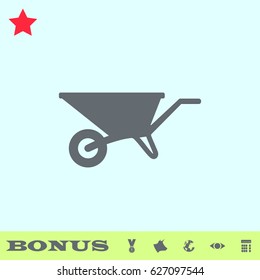 Wheelbarrow cart icon flat. Grey pictogram on blue background. Vector illustration symbol and bonus buttons medal, cow, earth, eye, calculator