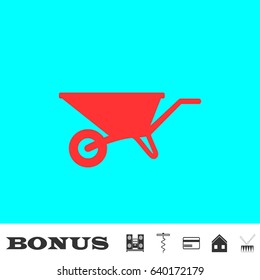 Wheelbarrow cart icon flat. Red pictogram on blue background. Vector illustration symbol and bonus buttons Music center, corkscrew, credit card, house, drum