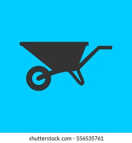 Wheelbarrow cart icon flat. Simple vector black pictogram on blue background