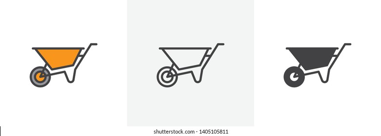 Wheelbarrow cart icon. Line, glyph and filled outline colorful version, Wheel barrow outline and filled vector sign. Symbol, logo illustration. Different style icons set. Vector graphics