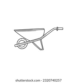 wheelbarrow cart isolated on white background. Vector illustration in doodle style. Black and white gardening tool.