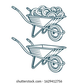 Wheelbarrow.  Wheelbarrow with coins, hand drawn vector illustrations set. Trolleys sketch drawing. Part of set. 