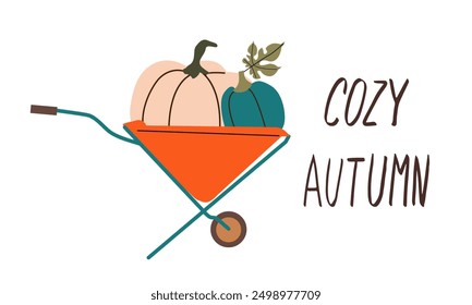 Wheelbarrow with colorful pumpkins. Autumn harvest. Preparation for Halloween. Autumn mood. Leaves fall. Vector flat illustration isolate on white .