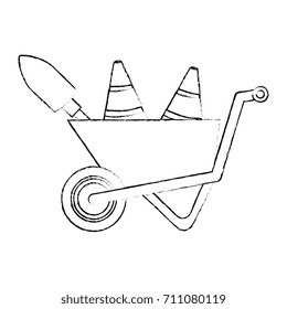 wheelbarrow construction with cones and shovel