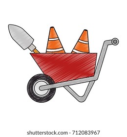 wheelbarrow construction with cones and shovel