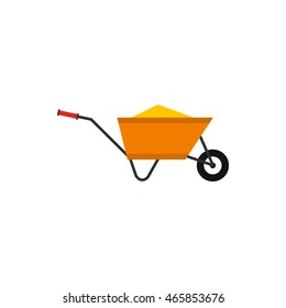 Wheelbarrow with construction debris icon in flat style isolated on white background. Trash symbol