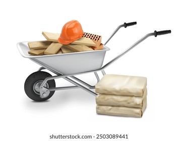 A wheelbarrow with construction materials, a construction helmet and bags of cement on a white background. Vector illustration.