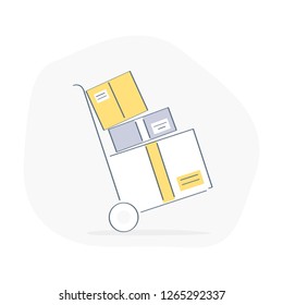 Wheelbarrow, delivery cart for transportation, courier pushing hand truck with stack of boxes. Cargo vector illustration on white.