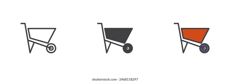 Wheelbarrow different style icon set. Line, glyph and filled outline colorful version, outline and filled vector sign. Wheel barrow construction symbol, logo illustration. Vector graphics