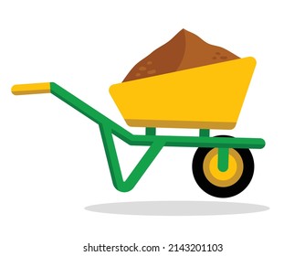 wheelbarrow with dirt, gardening concept, green and yellow color, vector illustration 