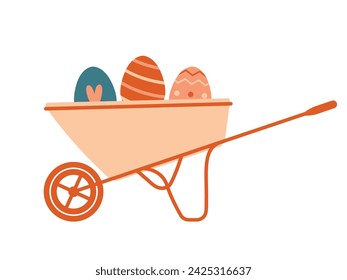 Wheelbarrow with easter eggs. Vector illustration for Easter card, banner, sticker, badge. Cottagecore, village life concept. Cartoon funny print.