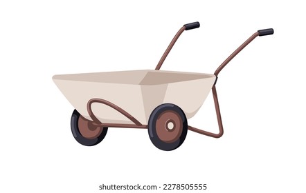 carretilla vacía, carreta vacía para jardín, construcción, agricultura. Flecha de rueda, carro con mangos, contenedor de metal. Coche agrícola. Ilustración vectorial de caricatura plana aislada en fondo blanco