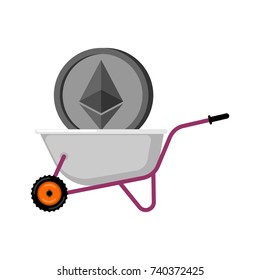 Wheelbarrow and Ethereum. Cryptocurrency in garden trolley. Virtual Cash. Vector Illustration