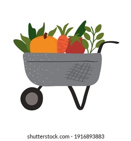 wheelbarrow farm tool with vegetables vector illustration design
