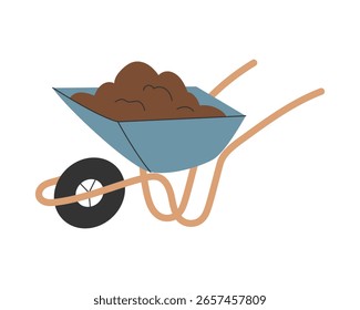 Wheelbarrow filled with compost soil. Garden work and eco recycling concept illustration. Vector illustration.