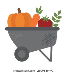 A wheelbarrow filled with fresh vegetables including a pumpkin carrot and tomato