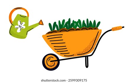 Wheelbarrow filled with soil and green plants, next to a watering can. Gardening, farming, and eco-friendly designs
