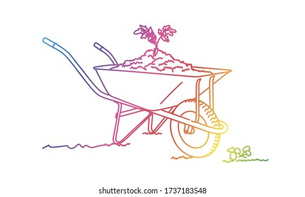 Wheelbarrow filled with soil. Sprout the ground. Rainbow colors in linear vector illustration.