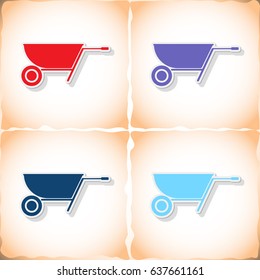 Wheelbarrow. Flat sticker with shadow on old paper. Vector illustration
