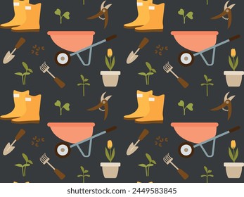 Wheelbarrow, flower in a pot, garden tools on a black background. Vector illustration of Seamless Pattern for wallpaper, fabric, wrapping paper, textile.