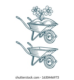 Wheelbarrow with flower. Pushcart and flower hand drawn vector illustrations set.
Wheelbarrow full of compost and earth. Part of set.