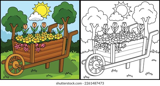 Wheelbarrow with Flowers Coloring Illustration