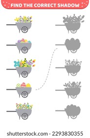 Wheelbarrow, flowers, Easter eggs. Find the correct shadow. Shadow matching game. Flat, cartoon. Isolated vector illustration eps 10
