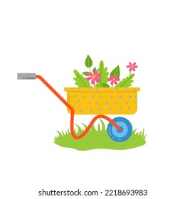 Wheelbarrow with flowers flat design on white. Garden cart. Vector illustration.