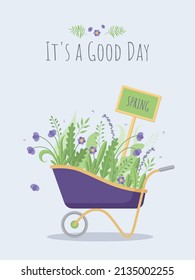 Wheelbarrow with flowers. Poster. Very Peri Color. Flat vector illustration.