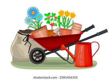 Wheelbarrow with flowers, pots, watering can and bag with soil on white background. Garden trolley with potted flowers. Wagon with plant and gardening supplies. Plants for backyard.Vector illustration